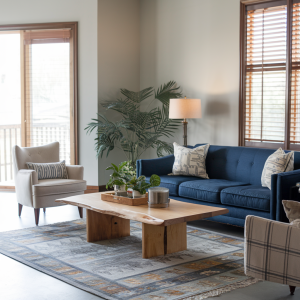  A living room with art deco furniture, bold patterns, and glamorous accents